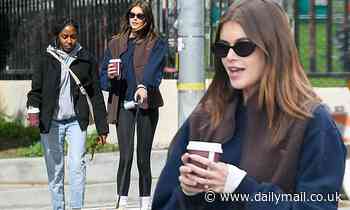 Kaia Gerber Cuts A Sporty Figure In A Brown Furry Vest On A Coffee Run