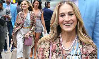 Sarah Jessica Parker rocks a beaded blouse while filming And Just Like That