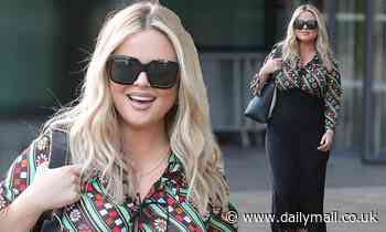 Emily Atack shows off her sense of style in patterned dress as she details online sexual harassment