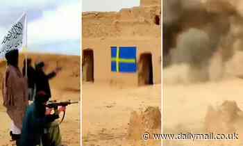 Taliban militants use a rocket launcher to blow up a Swedish flag after Koran burning in Stockholm