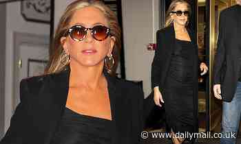 Jennifer Aniston rocks a skintight black dress as she heads to an appearance on Jimmy Fallon in NYC