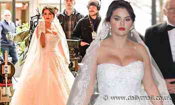 Selena Gomez is a picture perfect bride in wedding dress on set of Only Murders in the Building