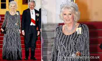 Camilla oozes sophistication in a black evening dress with sparkling silver embroidery in Berlin
