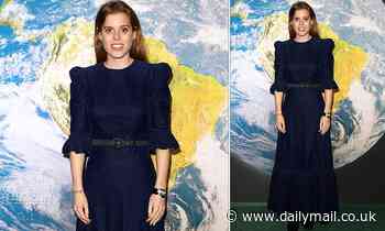 Princess Beatrice looks elegant in a long navy gown as she steps out for a immersive experience