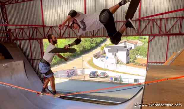 Finding Their Balance: Skateboarder And Highline Walker Do Insane Doubles Trick on Vert Ramp