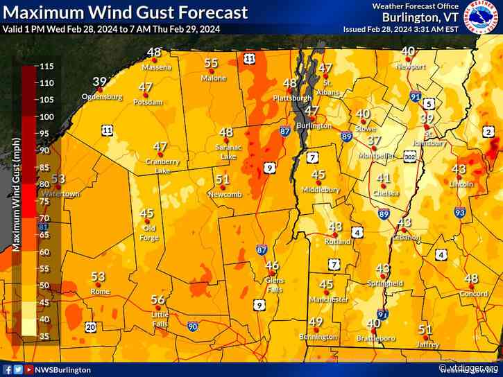 Strong winds expected in Vermont on Wednesday afternoon