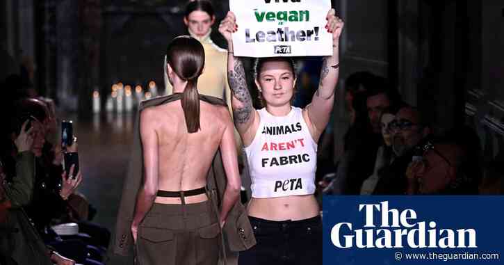 Peta protesters disrupt Victoria Beckham’s Paris fashion week show – video