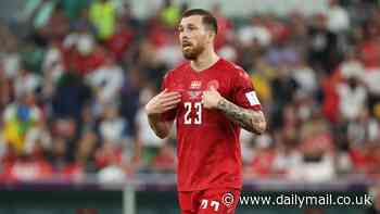 Denmark midfielder Pierre-Emile Hojbjerg PUSHES the referee over during draw with Switzerland with Tottenham star left frustrated after official got in his way