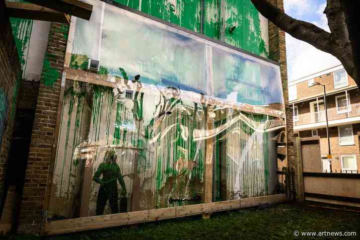 Defaced Banksy Tree Mural Covered in Plastic Screens and Boards