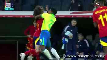 Endrick swings his arms and kicks out TWICE at Marc Cucurella sparking touchline row involving Vinicius Jnr during ill-tempered friendly between Brazil and Spain