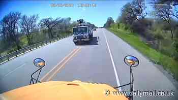 Distressing dashcam shows Texas school bus flip over after being struck by concrete truck that veered into its path killing adorable five-year-old boy inside and driver of third vehicle