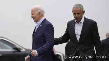Let me help you, Joe! Obama follows Biden down the small Air Force One stairs and guides him to the motorcade with a hand on his back as they land in New York for $25million fundraiser