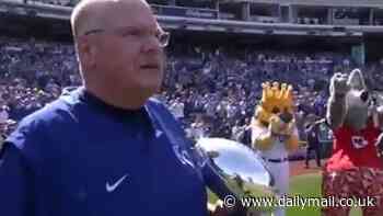 Chiefs coach Andy Reid parades the Lombardi Trophy before throwing first pitch strike to George Brett at Royals MLB season opener in Kansas City - to Patrick Mahomes' amusement!