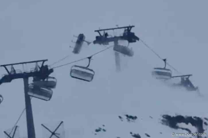 Howling Winds Thrash Chairlift At Italian Ski Resort