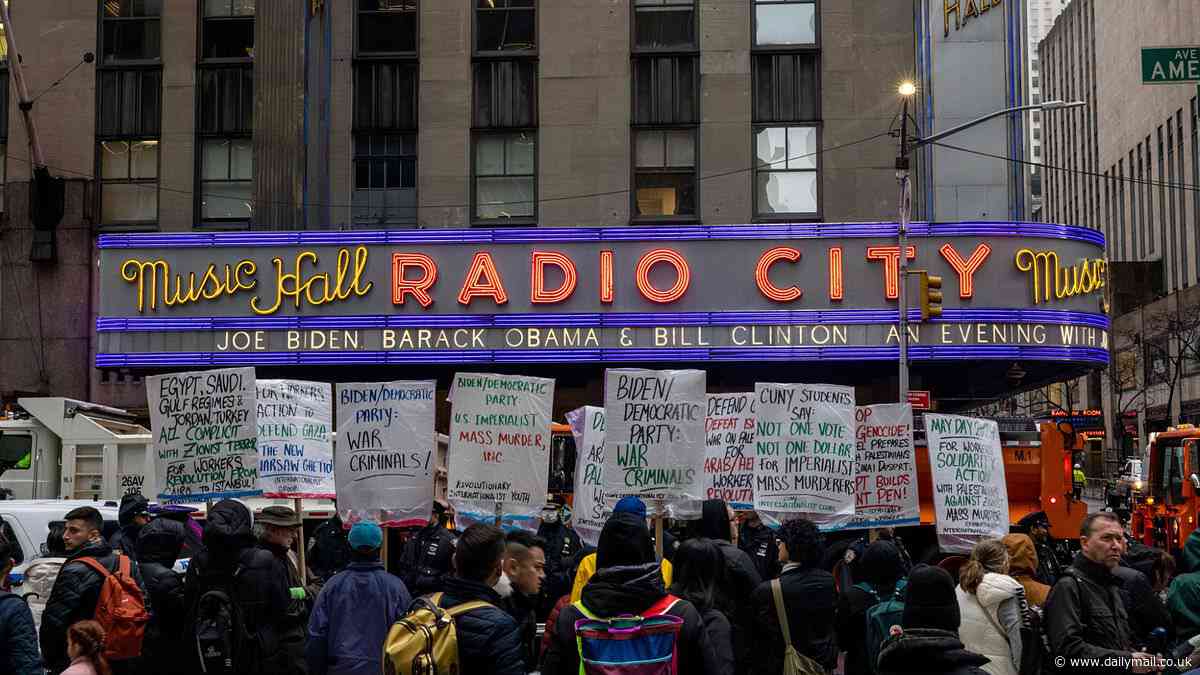 Pro-Palestinian protesters call Biden a 'war criminal' as they swarm Radio City music hall ahead of his $25million fundraiser with Obama, Clinton, Lizzo and Stephen Colbert