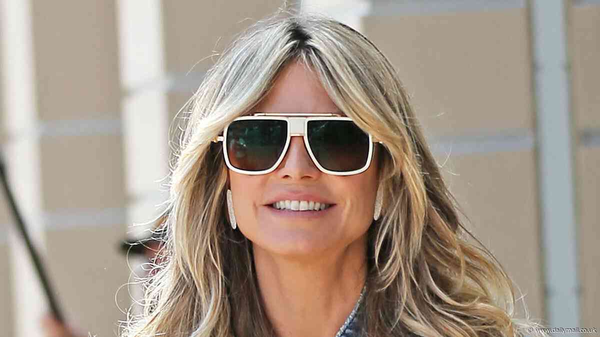 Heidi Klum shows off her spring style in a denim vest and leather pants while Sofia Vergara cradles her adorable puppy at America's Got Talent taping in Pasadena