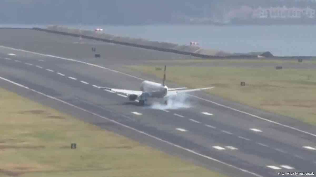 Terrifying moment passenger jet comes in to land at Madeira airport as the plane is thrown around in the wind before bouncing along the runway