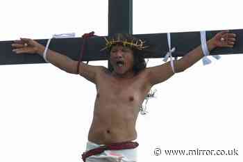 Man cries out in agony as he's nailed to cross for 35th time in real life crucifixion on Good Friday