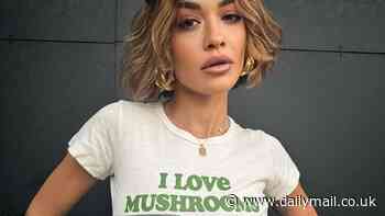Rita Ora raises eyebrows as she models an 'I love mushrooms' T-shirt while promoting her family-friendly Primark collection