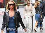 Amanda Holden flaunts her incredible figure in a plunging denim dress while Ashley Roberts wows in a neutral look as they leave Heart FM