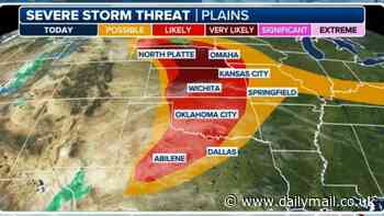 Tens of millions of Americans are under storm warning as FAA reroutes flights in Kansas and Missouri to avoid tornadoes, hail and winds -  are you in its path of destruction?