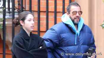Adam Sandler bundles up in a blue padded jacket as he steps out for a leisurely stroll in London with daughter Sadie