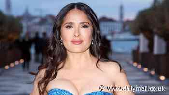 Salma Hayek, 57, puts on a VERY busty display in glittery sea blue dress as she makes rare family appearance with husband Francois-Henri Pinault, father-in-law, and step-daughter Mathilde while in Venice