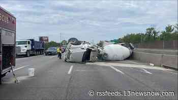 Traffic backed up on I-264 E in Norfolk due to overturned cement truck