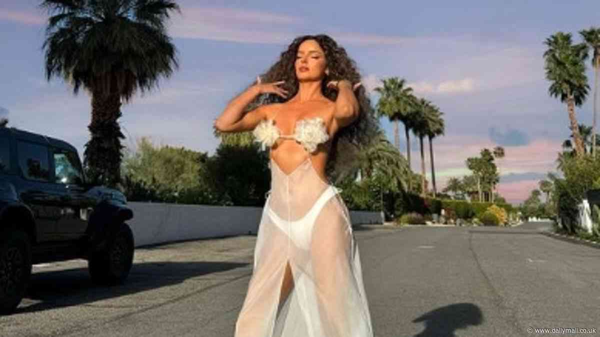 Braless Maura Higgins turns up the heat in a daring cleavage-skimming sheer white ensemble as she poses for racy snaps at Coachella