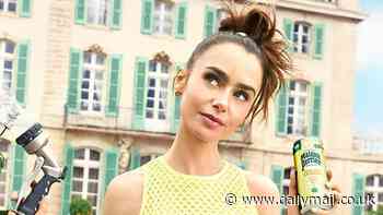 Lily Collins turns heads in bold yellow and pink tutu dresses as she poses for a stunning shoot at a French chateau