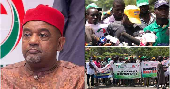 Protest rocks PDP HQ with 'Damagun must go' placards ahead of NEC meeting