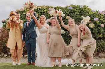 Carer surprises young adults she supports as they walk her down the aisle as bridesmaids