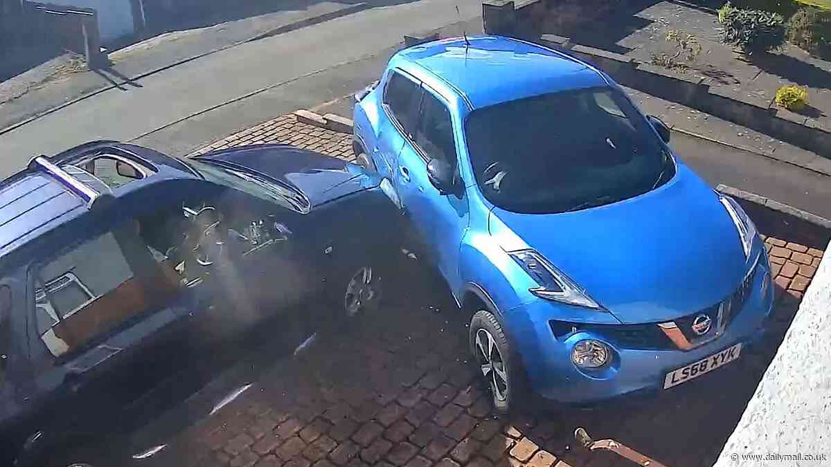 Terrifying moment child gangsters smash stolen car into parked Nissan and demolish wall in 'warzone' where frightened residents cower from biker yobs as young as nine who rule the area - shoplifting, vandalising and burgling homes
