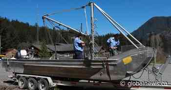 Fishing vessel with crane, net arrives in Zeballos for orca calf rescue