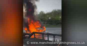 M60 traffic LIVE: Traffic stopped near Stockport as vehicle seen in flames amid 'four mile' queues