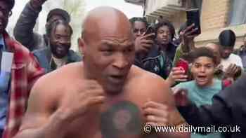 Mike Tyson brawls TOPLESS in the street with Shannon 'The Cannon' Briggs as fans look on, before sharing a laugh together during a Brooklyn reunion
