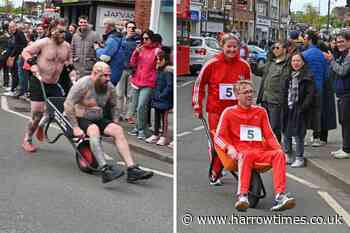 Pinner: Wheelbarrow race entertains crowd on St George's Day