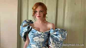 Inside Christina Hendricks' wedding weekend: Mad Men star wears busty blue and ivory Christian Siriano gown to rehearsal dinner before exchanging vows with George Bianchini