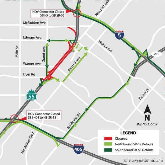 Nighttime closure planned for a Section of the 55 Fwy. on April 26-27 due to power line installations