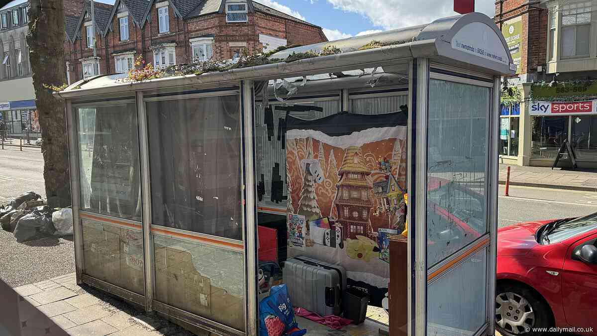 Housing crisis laid bare as couple turn disused bus stop into a temporary home - as furious shopkeepers paying up to £20k in rent say it is attracting anti-social behaviour and costing them business