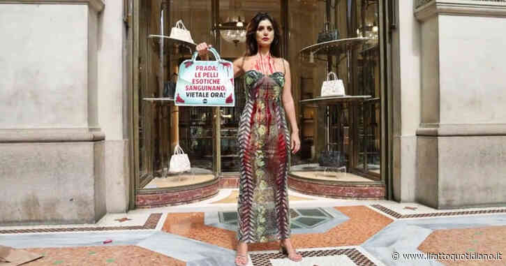 Milano, flash mob di Peta davanti al negozio di Prada contro le pelli esotiche: Daniela Martani è un serpente insanguinato – Video
