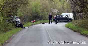 Car and motorbike in a ditch after serious accident closed Kenfig Hill road