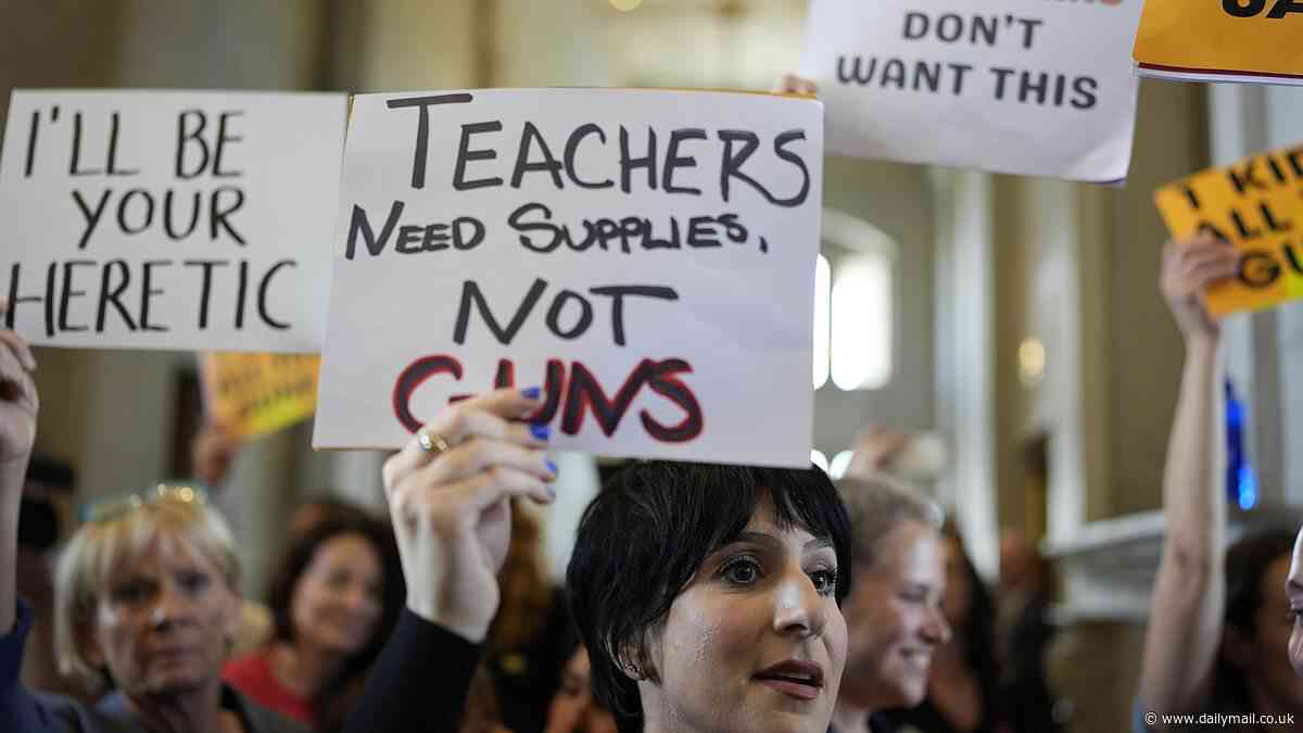 Protestors chant 'blood on your hands' as Tennessee lawmakers pass bill to allow armed teachers one year after deadly Nashville shooting left three students and three teachers dead