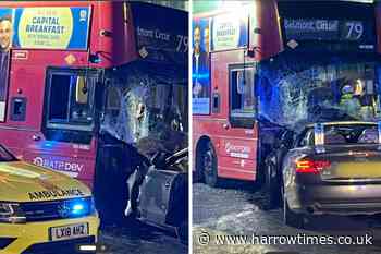 Front of 79 bus shattered after crash with car in Wembley