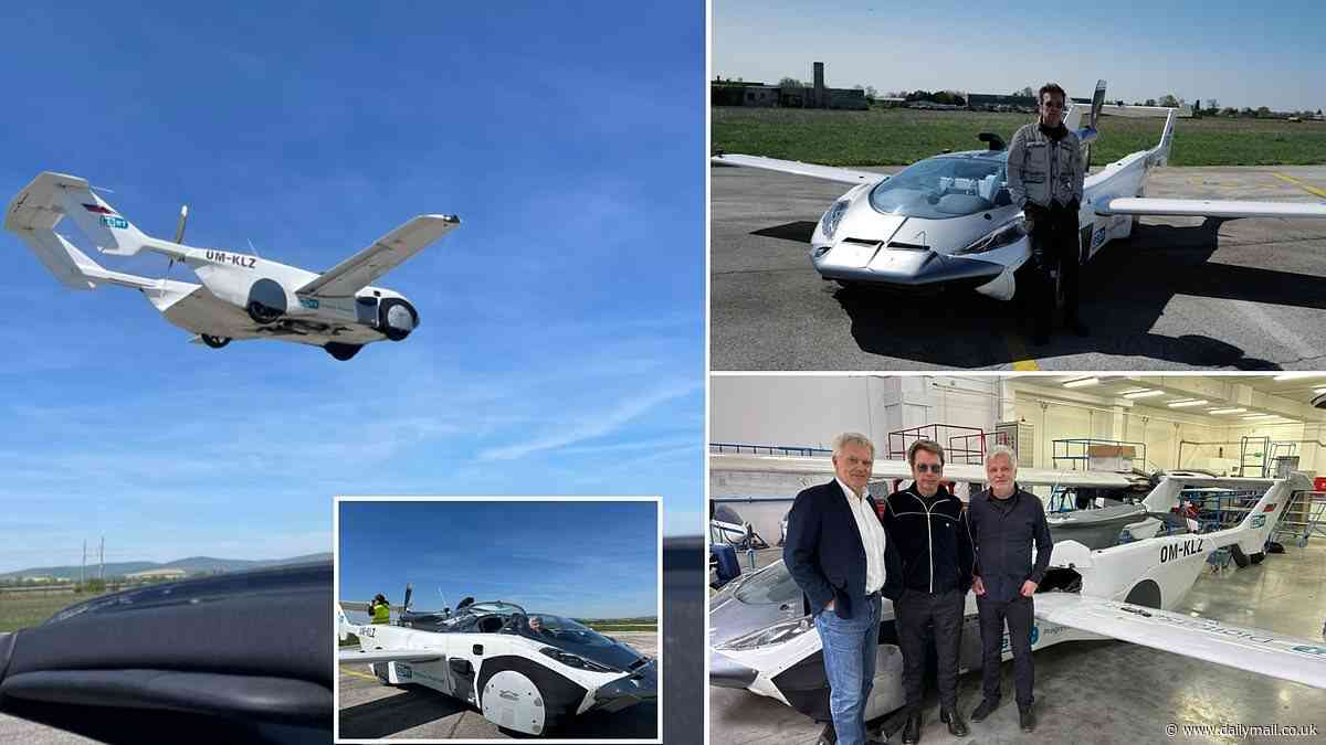 Come fly with me! French musician Jean-Michel Jarre becomes the world's first passenger to take off in the futuristic flying 'AirCar' that can transform from a road vehicle into a plane in 90 seconds