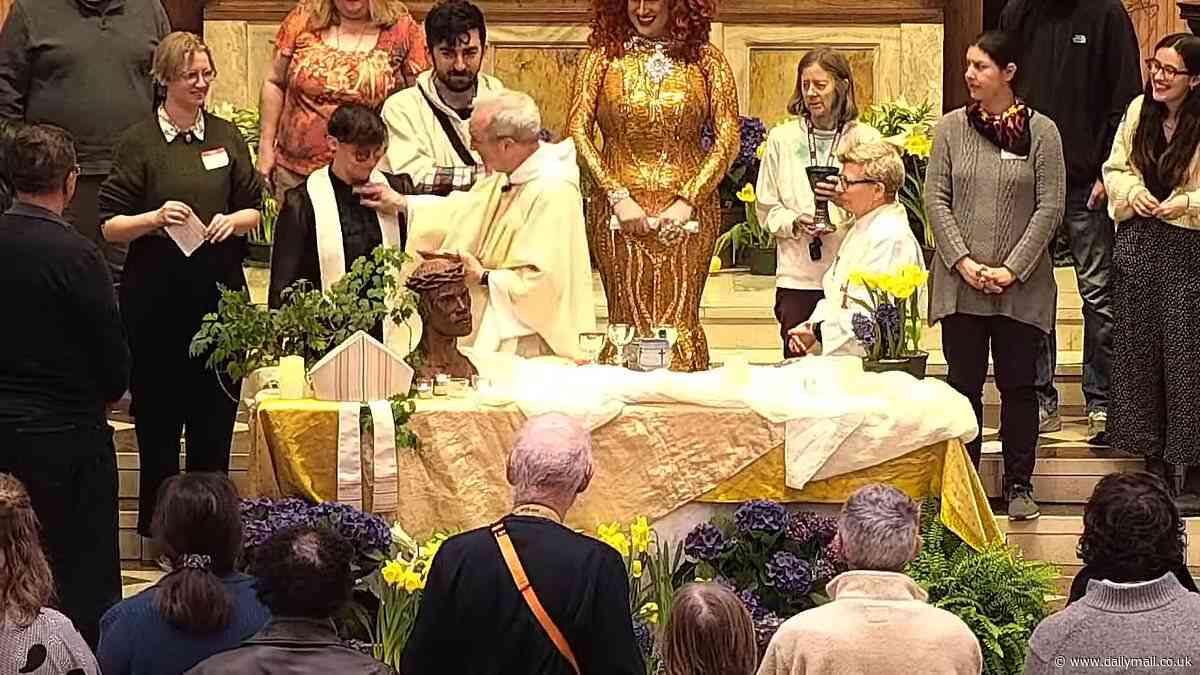 Moment male Episcopal bishop rips female reverend's collar off for VERY un-Christian reason as she spoke at LGBT-friendly ceremony MC'd by a drag queen
