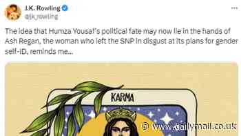 'Karma's a TERF': JK Rowling wades into SNP row jibing that Humza Yousaf's fate now rests with Ash Regan who quit party over gender self-ID plans