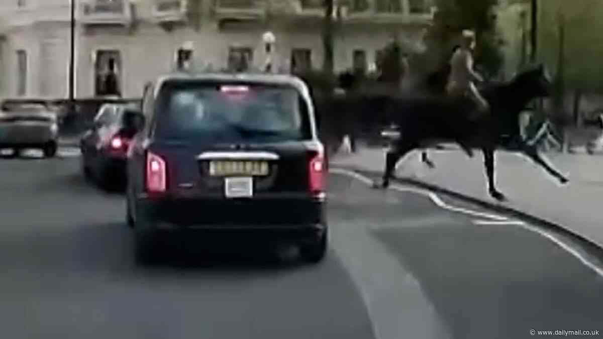 Moment runaway Household Cavalry horses crash through parked electric bikes with one falling to the ground after 'being startled by building work' and going on a blind-panic bolt through central London
