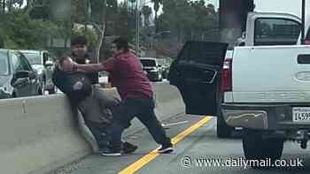 Shocking moment father and son brawl with middle-aged man after minor fender bender on major highway