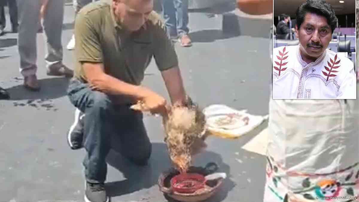Senator causes uproar after chicken was sacrificed to offer its blood to Tlaloc, the god of rain, as part of Earth Day celebration at Mexican congress